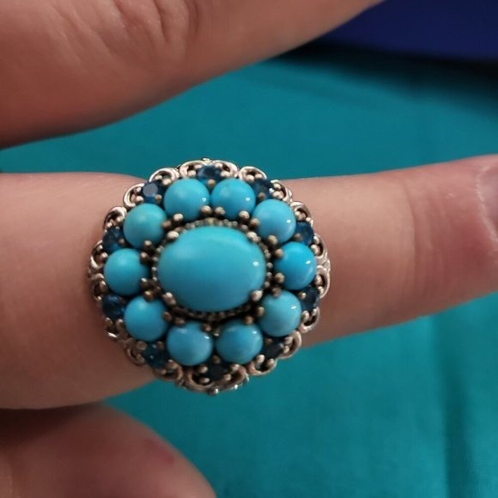 Sleeping Beauty Turquoise & Neon Apatite Flower Sterling Silver Cluster Ring